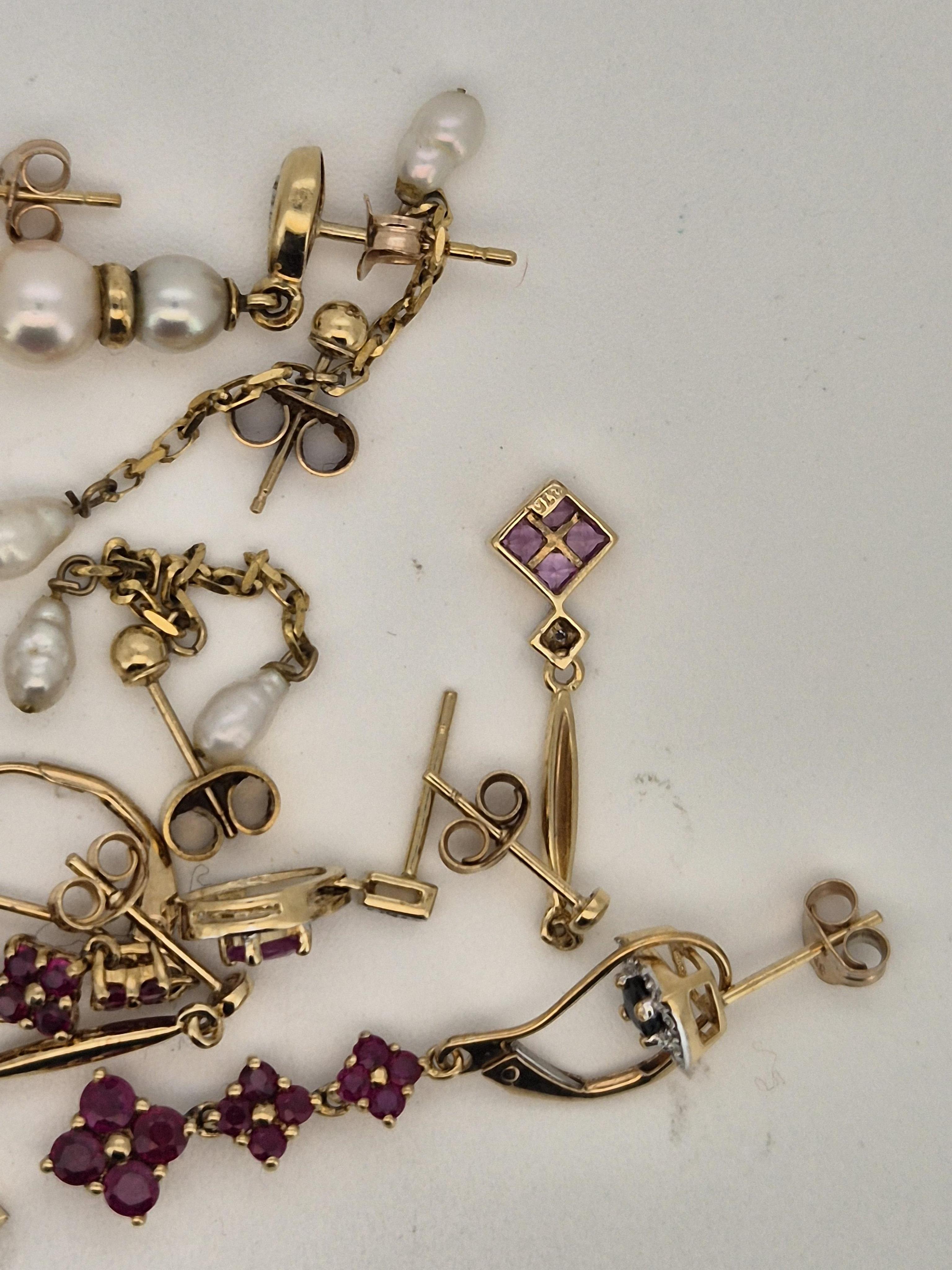 Seven assorted pairs of modern 9ct and gem set earrings, including ruby and diamond pear shaped cluster, sapphire and diamond square cluster, freshwater pearl double drop and two stone cultured pearl with diamond chip.